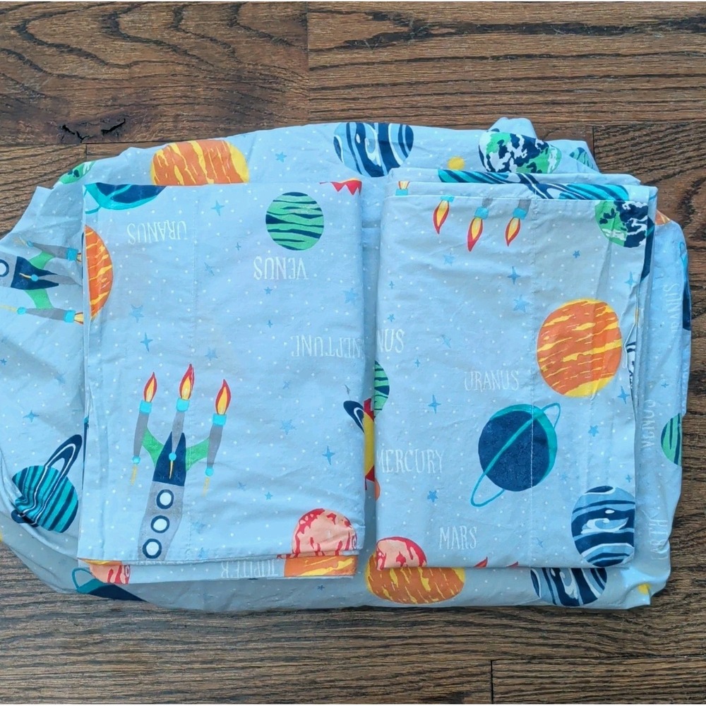 Pottery Barn Kids Solar System Queen Fitted + 2 Cases Planets Glow-in-the-dark